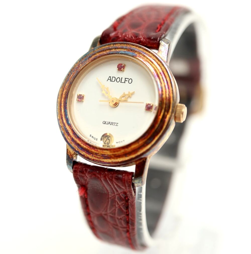 Adolfo Gold Tone 25mm Womens Swiss Watch Date Gem Red Leather w New Battery